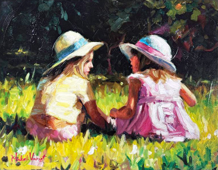 Sisters in the Garden Michael Vincent Hand Embellished Canvas Giclée Print Artists Hand Signed and Numbered