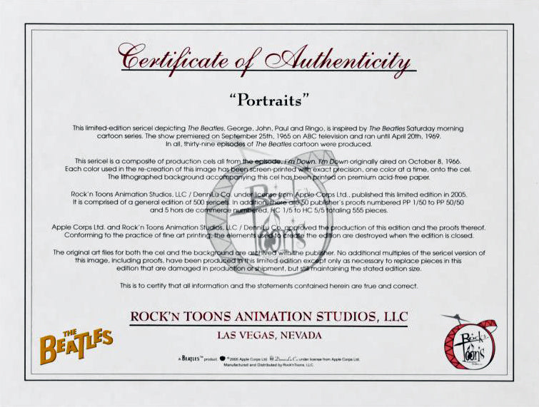 Portraits - Limited Edition Beatles Sericel with a Color Background by the DenniLu Company