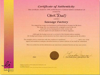 Sausage Factory Chuck Jones Hand Painted Animation Cel Artist Hand Signed and Numbered with Full Color Background