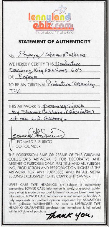 Popeye James Culhane Original Pencil Production Drawing on Studio Paper Artist Hand Signed