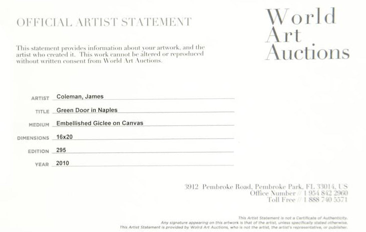 Green Door in Naples James Coleman Gallery Proof Canvas Giclée Print Artist Hand Signed GP Numbered and Framed