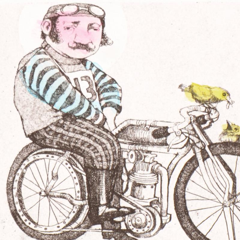 Cyclist Charles Bragg Hand Water Colored One of a Kind Fine Art Lithograph Print Artist Hand Signed