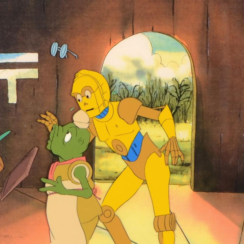 C3PO & Waiter Filmation Associates Diptych with Original Production Drawing on Paper and Hand Painted Production Animation Cel Framed