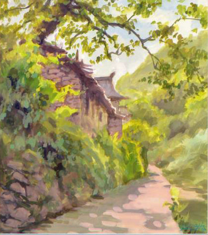 Untitled Zu Ming Ho Original Guache Painting Artist Hand Signed and Custom Framed