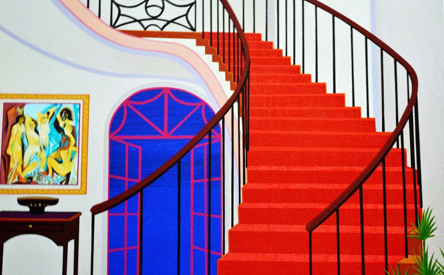 Interior with Red Staircase Fanch Ledan Serigraph Print Artist Hand Signed and Numbered