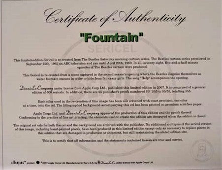 Fountain Beatles Sericel Apple Corps Authorized DenniLu Company Published with Full Color Background