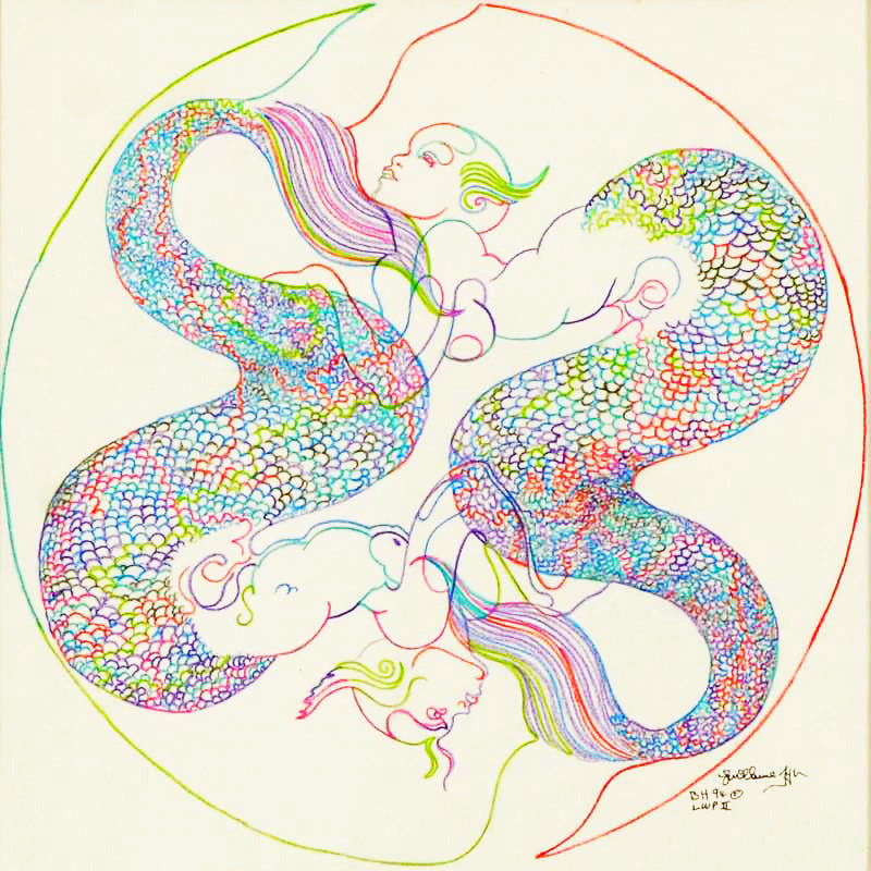 Zodiac Series Pisces Guillaume Azoulay Original Color Pencil Drawing Artist Hand Signed and Framed