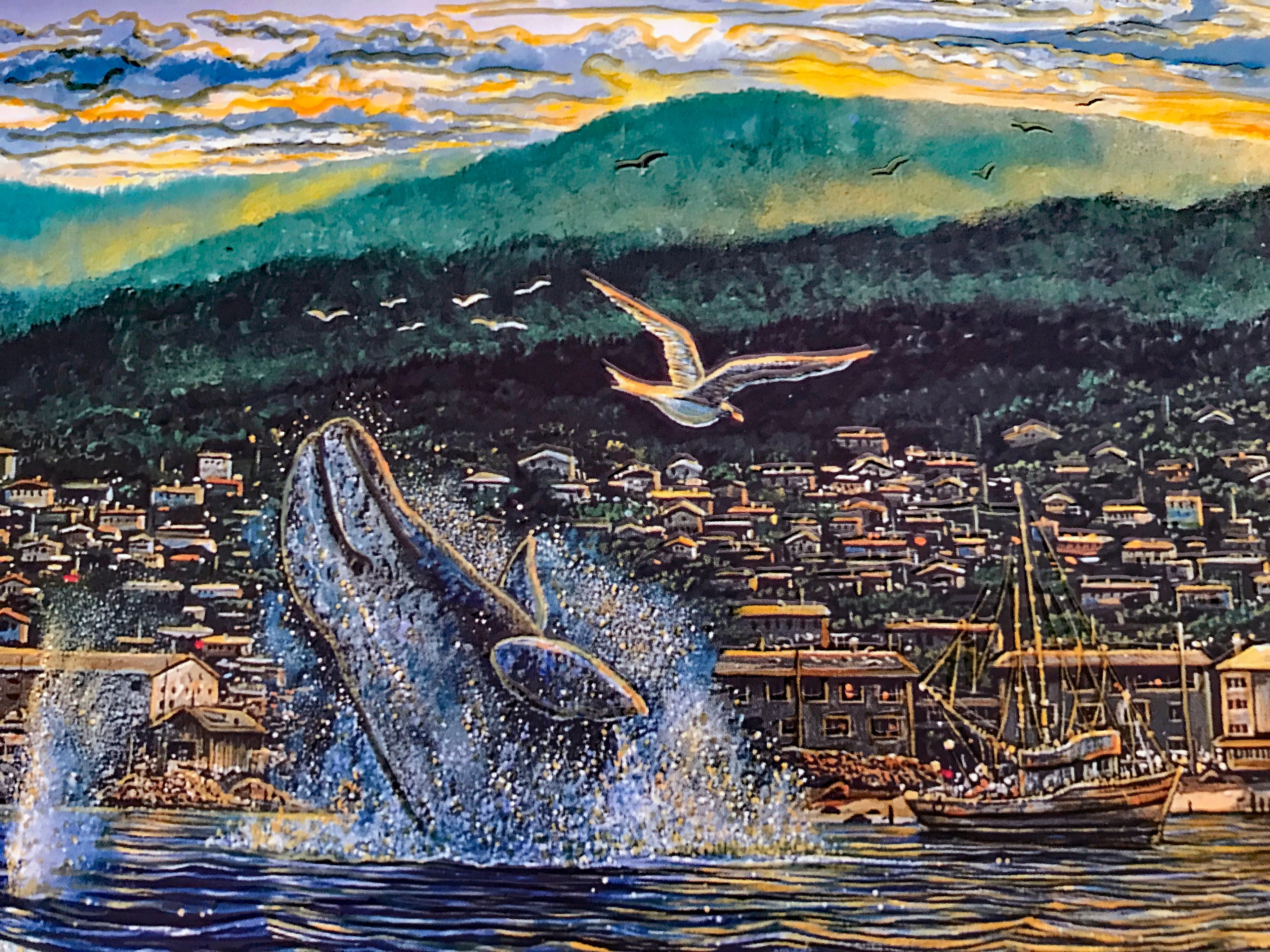 Golden Light on Cannery Row Robert Lyn Nelson Mixed Media Print Artist Hand Signed and Numbered