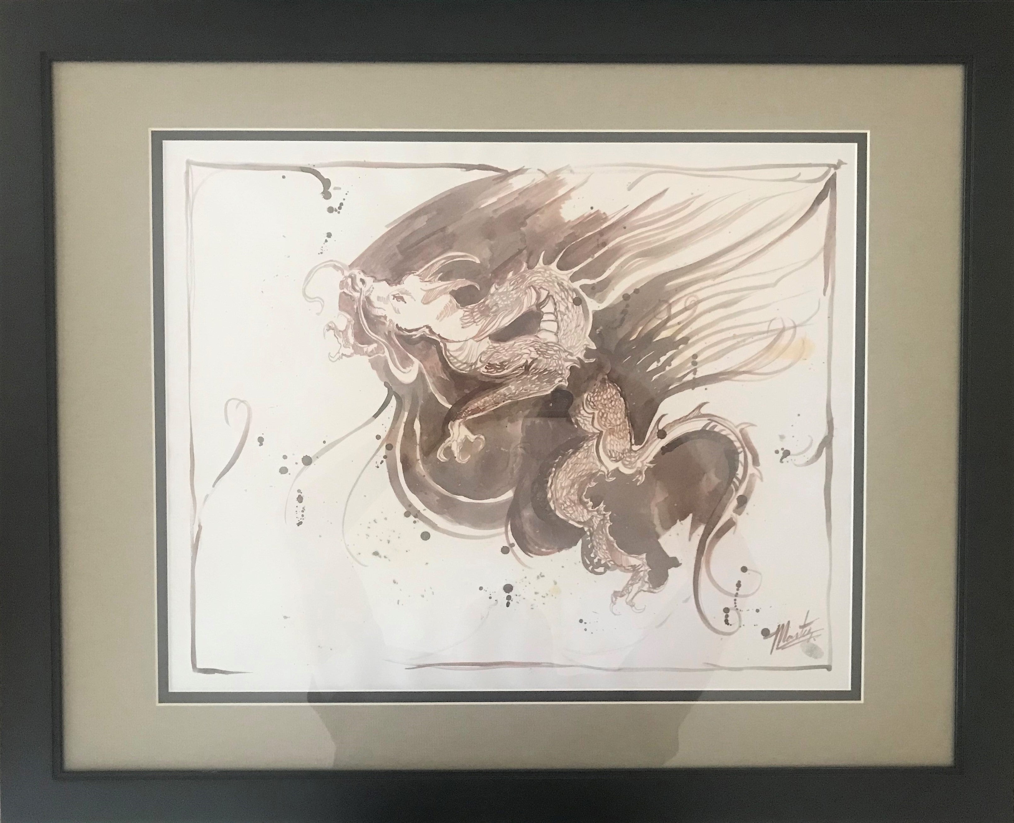 Dragon Marta Wiley Original Mixed Media Ink Sketch Artist Hand Signed Thumb Printed Framed