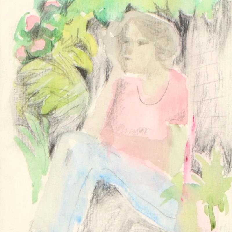 Mira Seated in the Garden Judith Bledsoe Watercolor Painting Artist Hand Signed Framed
