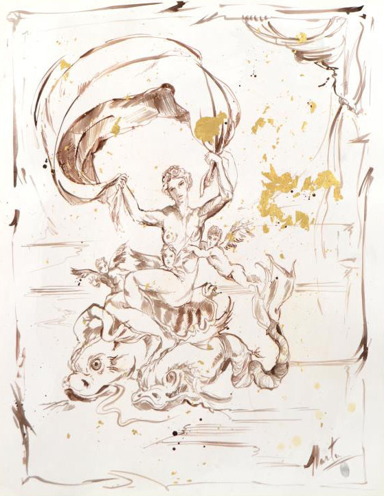 Cherubs Marta Wiley Original Mixed Media Ink Sketch Artist Hand Signed and Thumb Printed