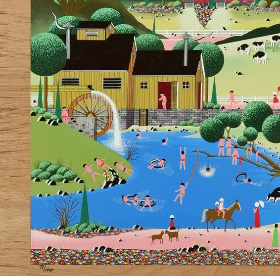 Skinny Dipping Nobuo Watanabe Serigraph Print on Wood Panel Artist Hand Signed and Numbered