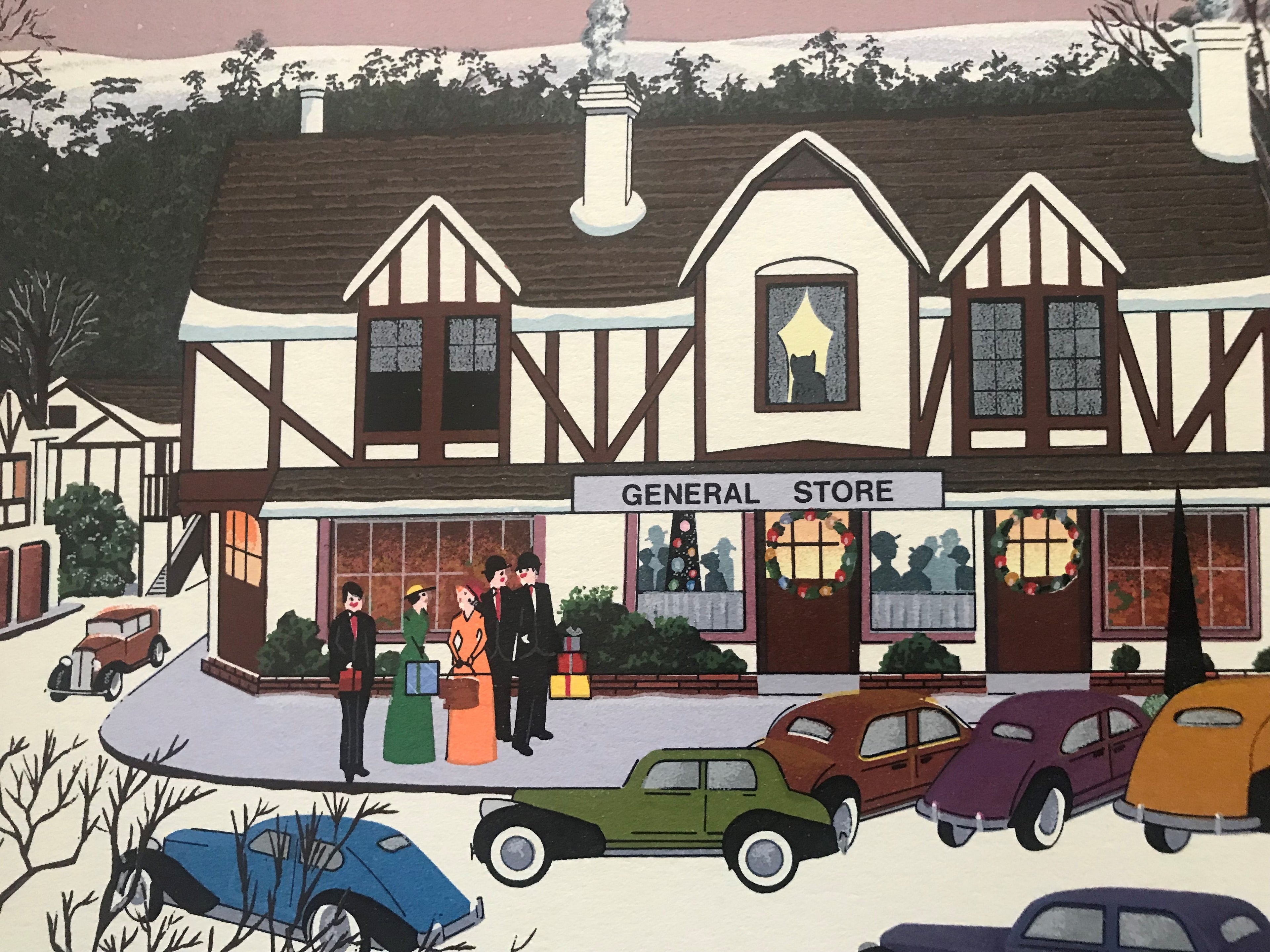 Christmas In Cambria Nobuo Watanabe Serigraph Print Artist Hand Signed and Roman Numeral Numbered