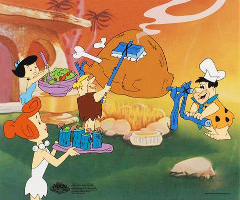 Flintstones Barbecue Hanna Barbera Animation Art Sericel with a Full Color Lithograph Background Framed