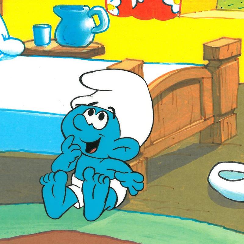 The Smurfs Hand Painted Production Animation Cel and Full Color Background