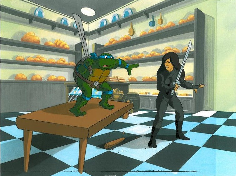 Teenage Mutant Ninja Turtles Two Hand Painted Production Animation Cels and their Full Color Backgrounds