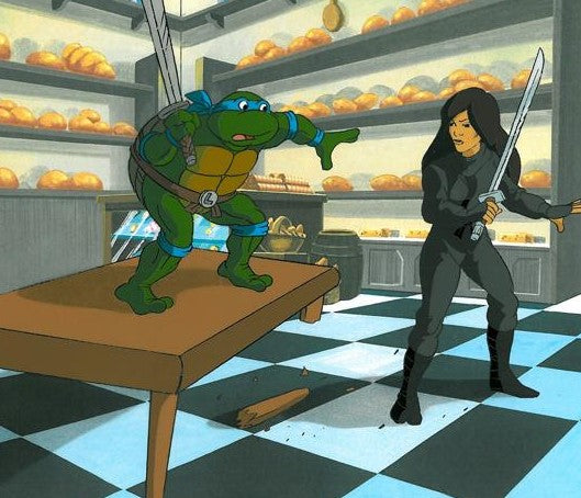Teenage Mutant Ninja Turtles Two Hand Painted Production Animation Cels and their Full Color Backgrounds