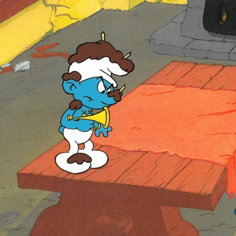 The Smurfs Hand Painted Production Animation Cel and Full Color Background