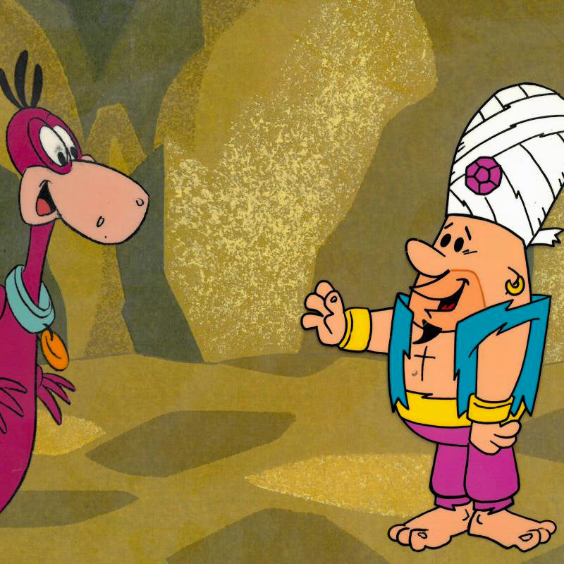 Barney Rubble and Dino Hanna Barbera Original Production Animation Cel and Full Color Lithograph Background Matted
