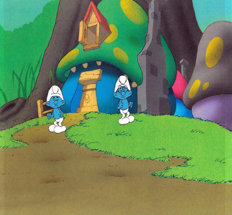 The Smurfs Hand Painted Production Animation Cel and Full Color Background