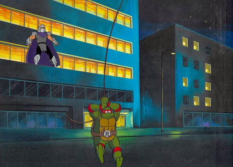Teenage Mutant Ninja Turtles Hand Painted Production Animation Cel with Two Paired Pencil Sketches and Full Color Background