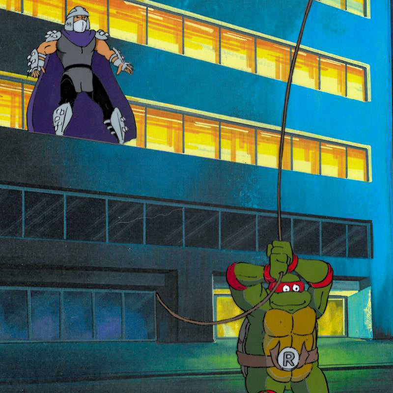 Teenage Mutant Ninja Turtles Hand Painted Production Animation Cel with Two Paired Pencil Sketches and Full Color Background
