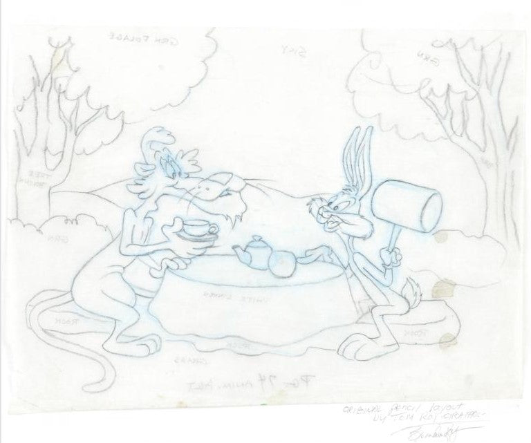 Bugs Bunny and the Big Bad Wolf Tom Ray Original Pencil Layout Drawing Brenda Ray Hand Signed