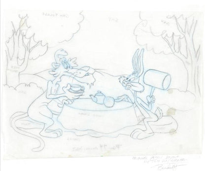 Bugs Bunny and the Big Bad Wolf Tom Ray Original Pencil Layout Drawing Brenda Ray Hand Signed