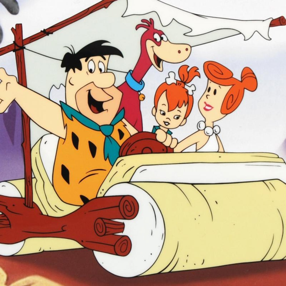 The Flintstones Family Car Hanna Barbera Animation Art Sericel with Full Color Background Framed