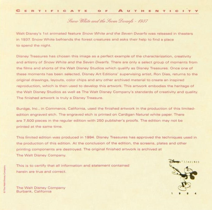 Snow White and the Seven Dwarfs Disney Studios Serigraph Framed