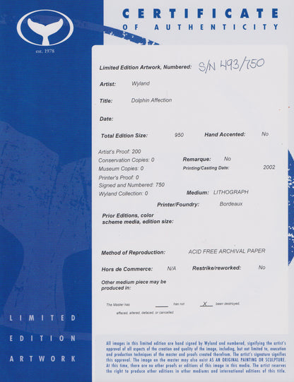 Dolphin Affection Wyland Lithograph Print Artist Hand Signed and Numbered