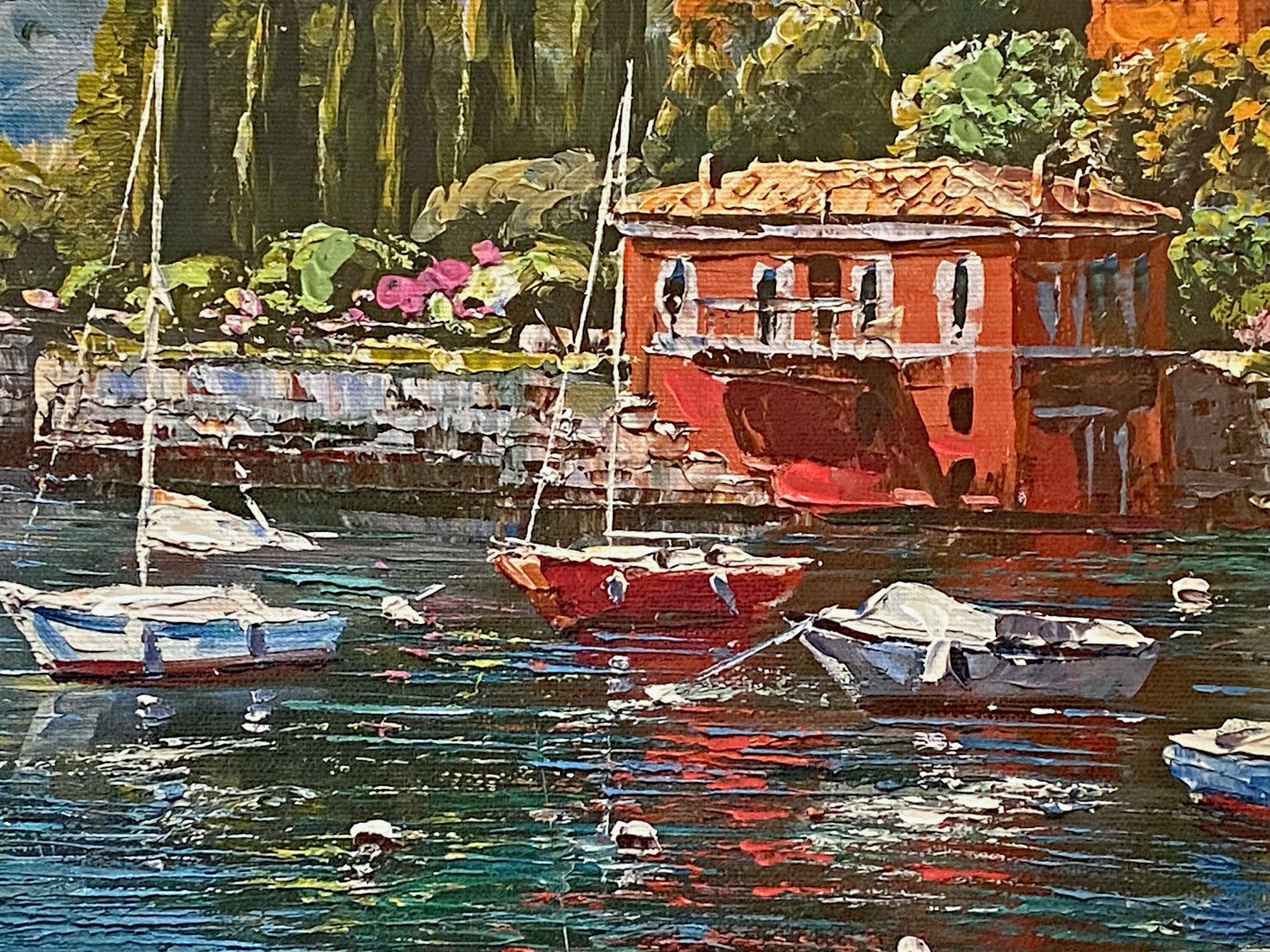 Lake Como Villa Sam Park Hand Embellished Serigraph on Canvas Print Numbered Artist Hand Signed and Numbered