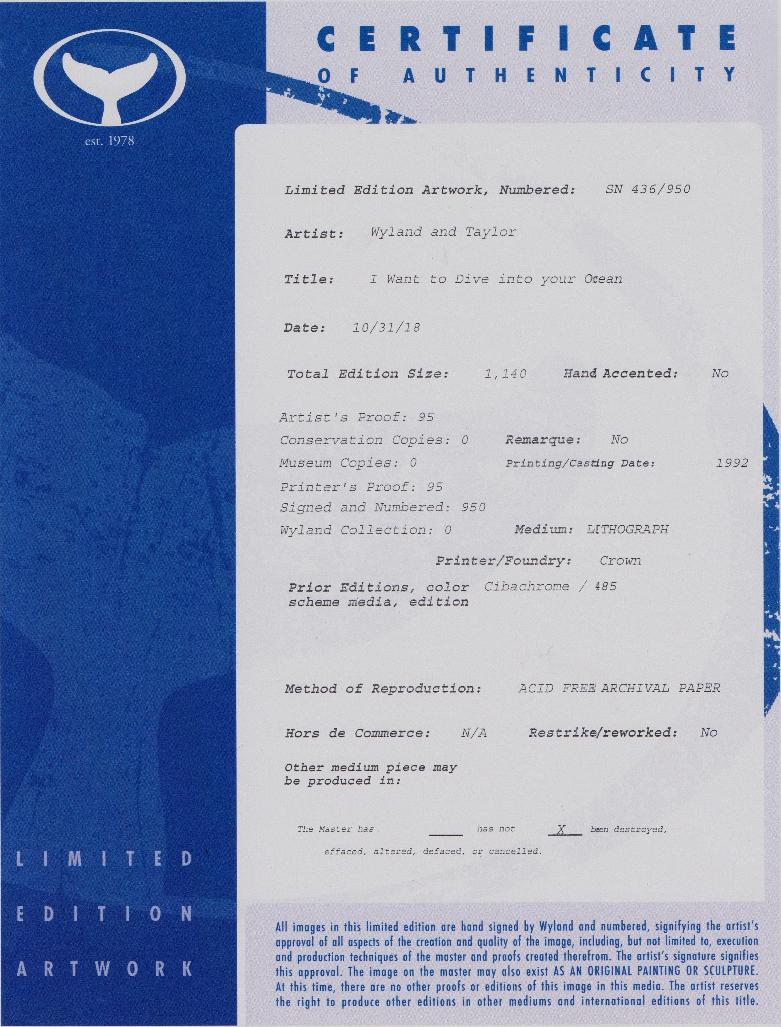 I Want to Dive into Your Ocean Wyland and Tracy Taylor Lithograph Print Artists Hand Signed and Numbered