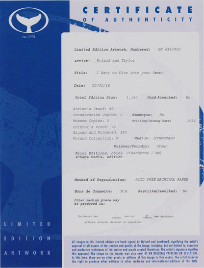 I Want to Dive into Your Ocean Wyland and Tracy Taylor Lithograph Print Artists Hand Signed and Numbered