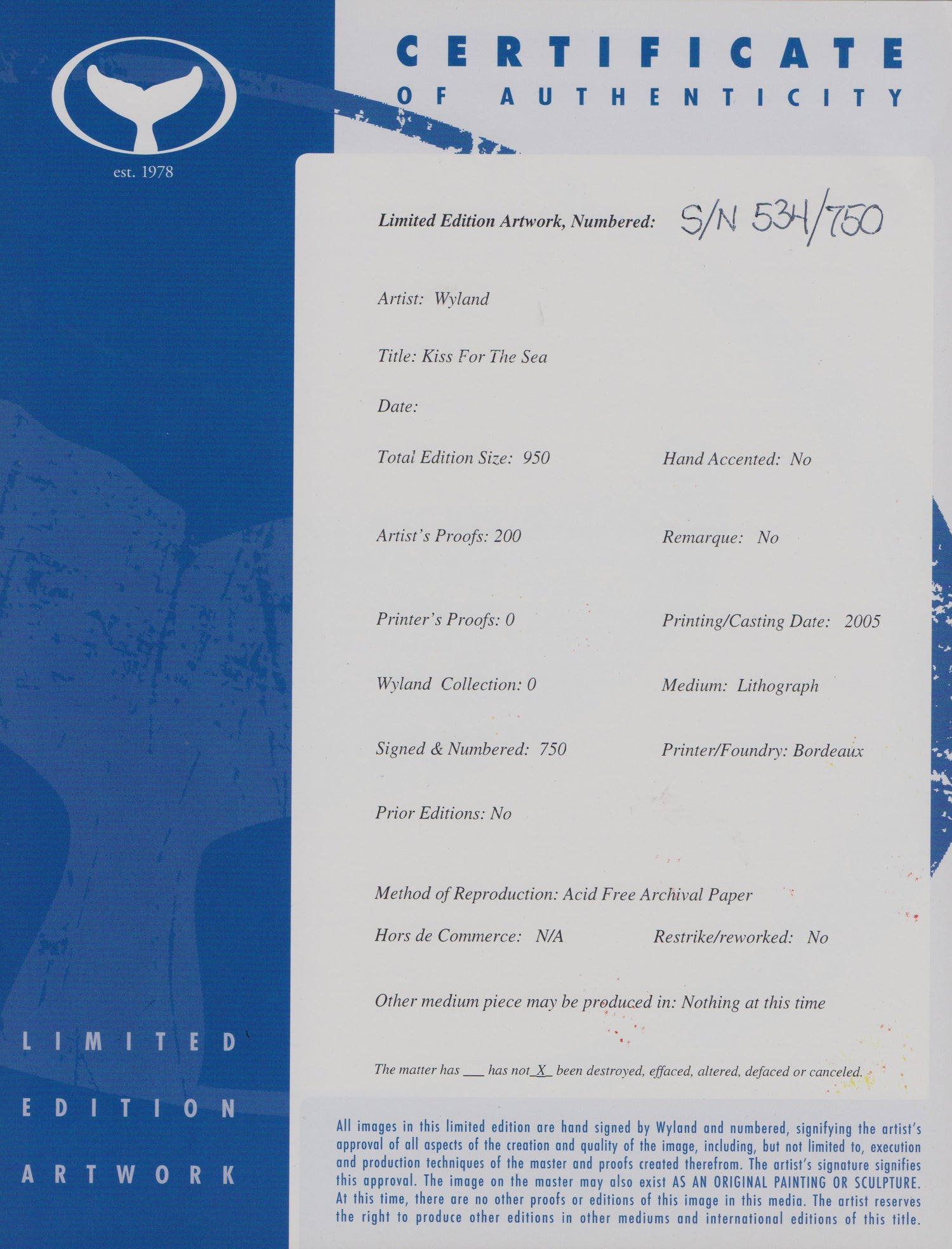 Kiss for the Sea Wyland Lithograph Print Artist Hand Signed and Numbered