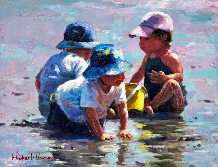Sand Play Petite IV Michael Vincent Hand Embellished Canvas Giclée Print Artists Hand Signed and Numbered