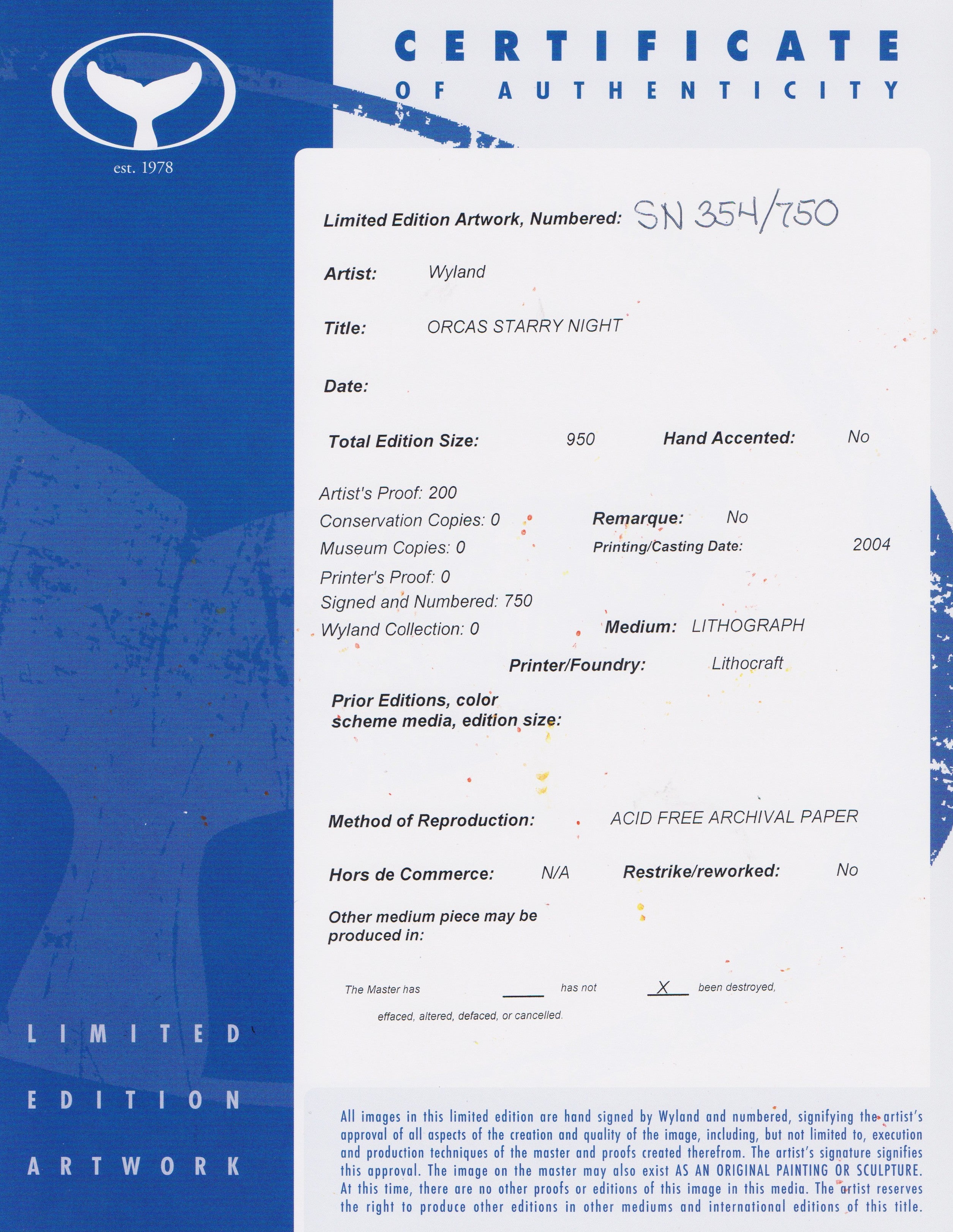 Orcas Starry Night - Limited Edition Lithograph on Paper by Wyland