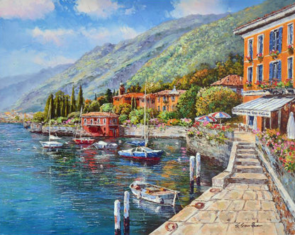 Lake Como Villa Sam Park Hand Embellished Serigraph on Canvas Print Numbered Artist Hand Signed and Numbered