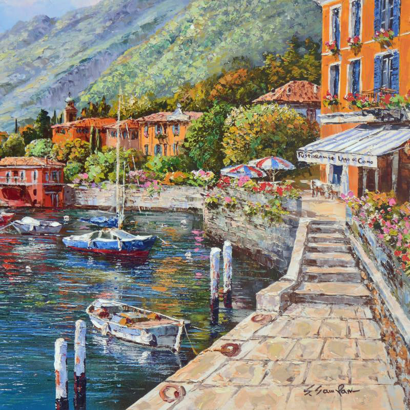 Lake Como Villa Sam Park Hand Embellished Serigraph on Canvas Print Numbered Artist Hand Signed and Numbered