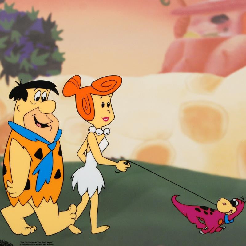 The Flintstones Walking Dino Hanna Barbera Animation Art Sericel with Full Color Lithograph Background