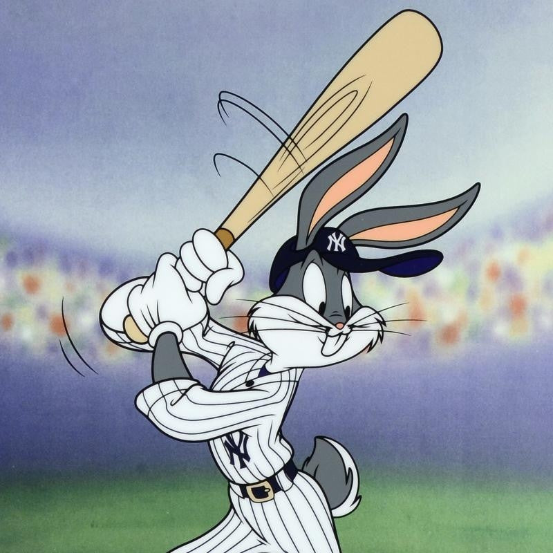 Bugs Bunny at Bat for the Yankees Warner Bros Sericel Bearing MLB and NY Yankees Logo by Authentic Images Framed