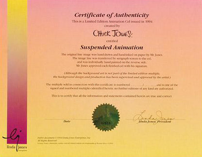 Suspended Animation Chuck Jones Hand Painted Animation Cel Artist Hand Signed and Numbered with Full Color Background