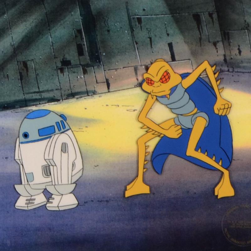 R2-D2 &amp; Gaff Lucasfilm Triptych with two Original Pencil Production Drawings on Studio Animation Paper and One Hand Painted Animation Cel Framed