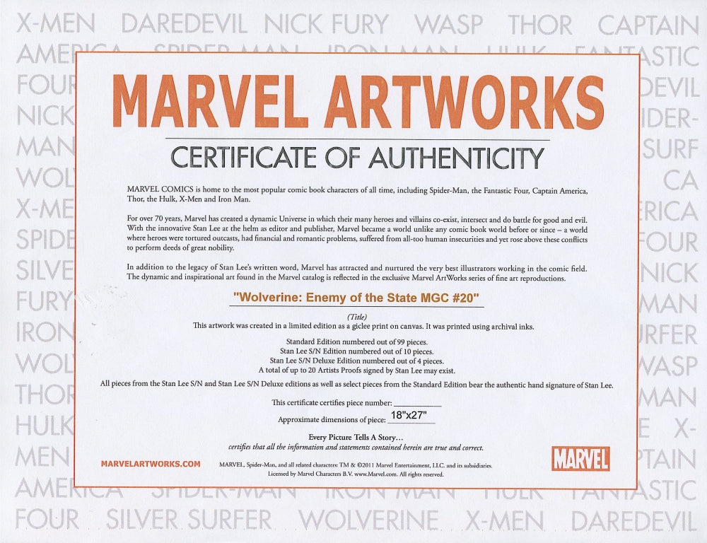 Wolverine Enemy of the State MGC 20 Marvel Artist John Romita Jr and Marvel Artworks Canvas Giclée Numbered