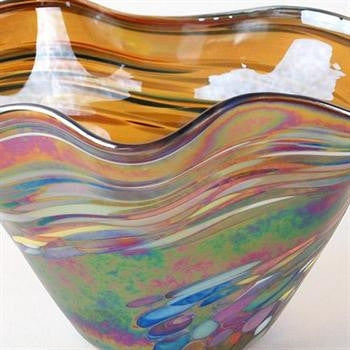 Glass Eye Studio Mini Amber Rainbow Twist Bowl Hand Blown Glass Sculpture Artist Hand Signed and Containing Volcanic Ash from Eruption of Mount St Helens