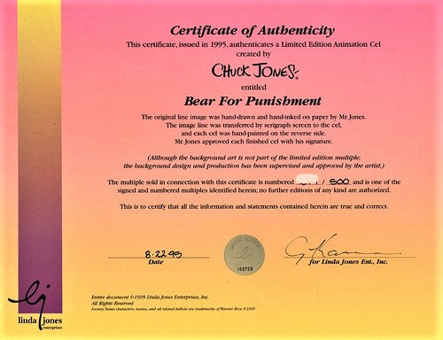 Bear For Punishment Chuck Jones Hand Painted Animation Cel Artist Hand Signed and Numbered