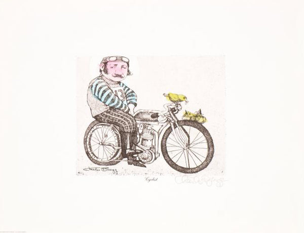 Cyclist Charles Bragg Hand Water Colored One of a Kind Fine Art Lithograph Print Artist Hand Signed