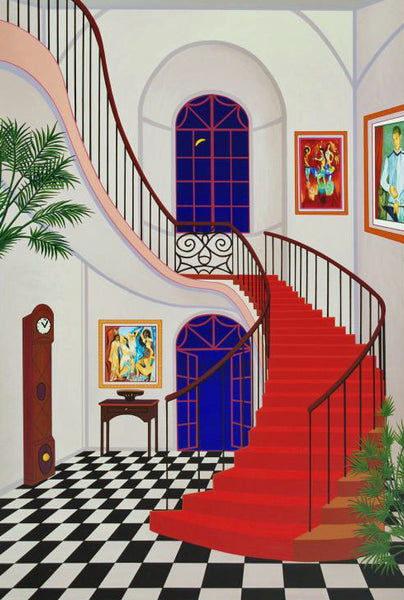 Interior with Red Staircase Fanch Ledan Serigraph Print Artist Hand Signed and Numbered