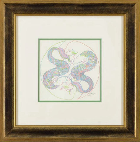 Zodiac Series Pisces Guillaume Azoulay Original Color Pencil Drawing Artist Hand Signed and Framed
