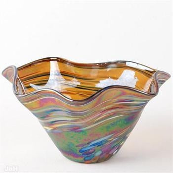 Glass Eye Studio Mini Amber Rainbow Twist Bowl Hand Blown Glass Sculpture Artist Hand Signed and Containing Volcanic Ash from Eruption of Mount St Helens